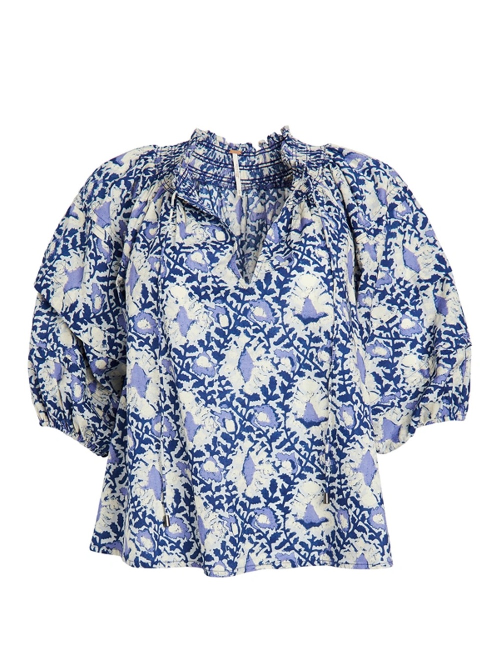 Free People Blue & Cream Floral Puff-Sleeve Blouse
